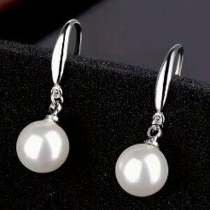 Sterling Silver 925 Hook Earrings With Round Faux Pearls, Luxurious Lightweight